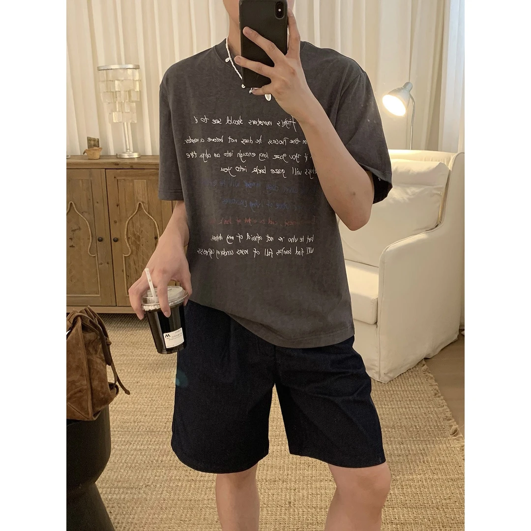 阿茶与阿古做旧炒色印花短袖t恤男夏季美式宽松休闲上衣A2505315