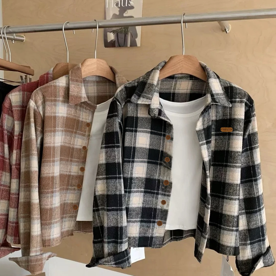 复古磨毛宽松格子短款长袖衬衫小个子春秋季外套