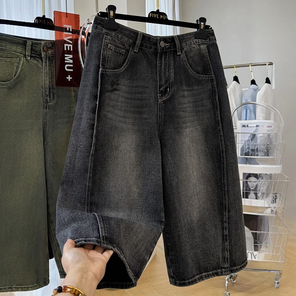 胖MM特大码300斤高级感复古做旧休闲宽松直筒牛仔裤女夏七分裤潮2