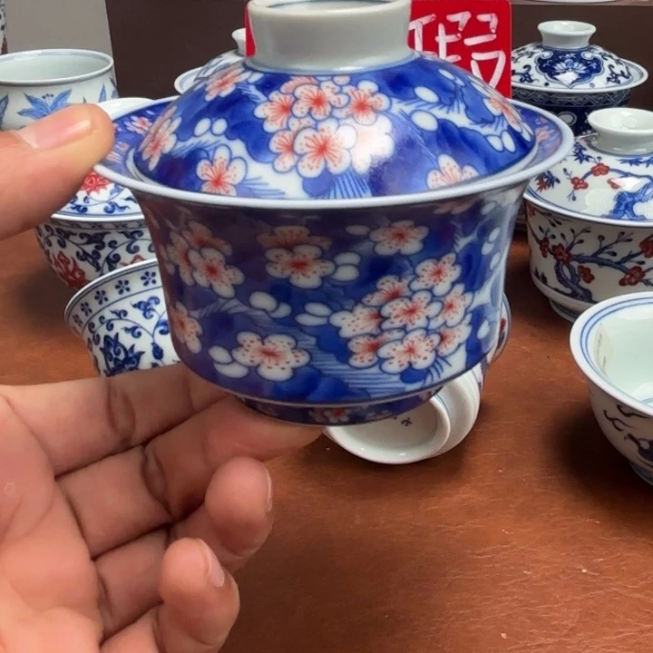 摆件陶微瑕冰梅盖碗景德镇发货