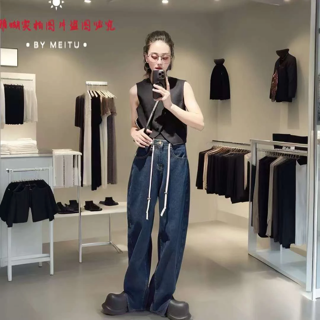 801查理直筒低调率性抽绳弧形裤脚开叉抽绳牛仔查理裤高腰牛仔裤