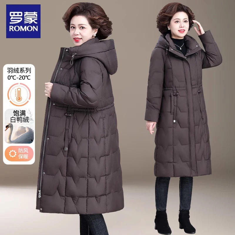 罗蒙妈妈冬装羽绒服中长款2025新款加厚棉衣中老年女冬季修身外套
