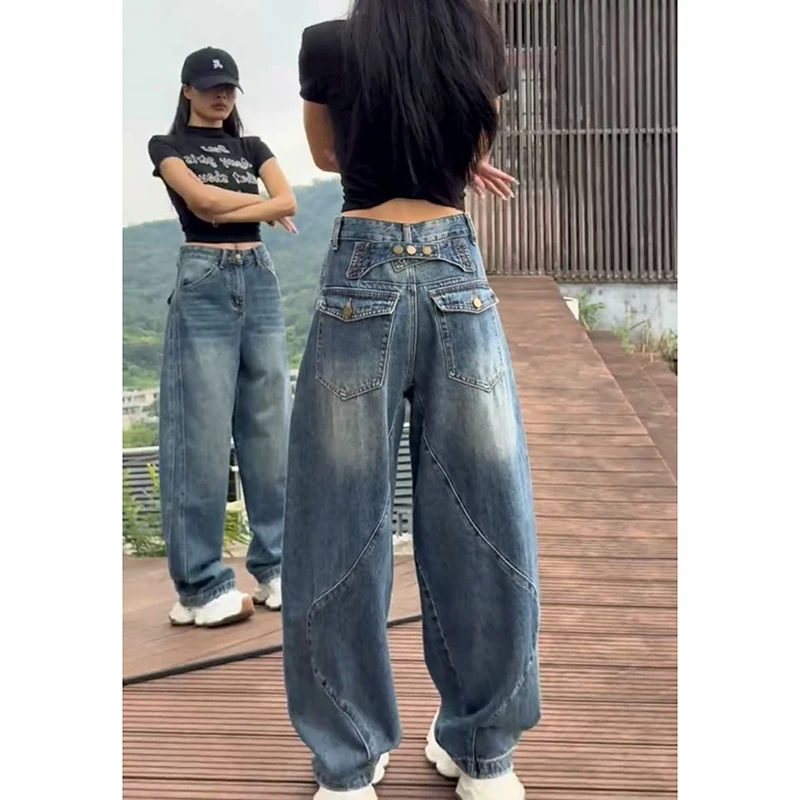 复古阔腿牛仔裤女早秋新款大码胖mm高腰显瘦宽松遮肉弯刀直筒裤子