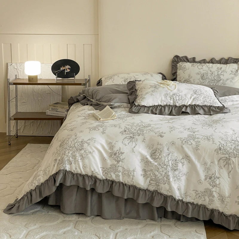 法式轻奢全棉四件套纯棉花边被套床单床笠床裙款四季通用床上用品