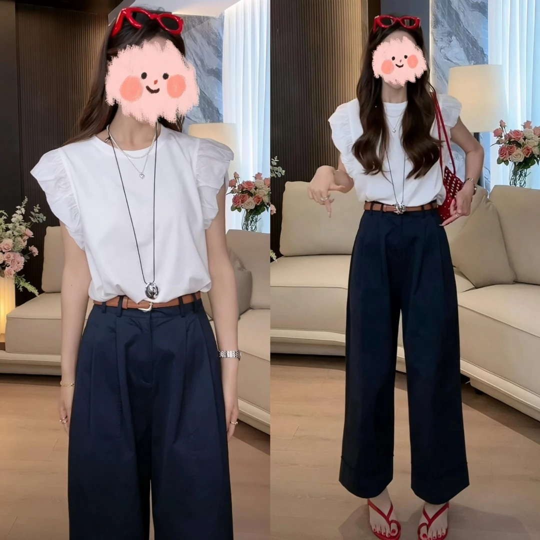 夏季时尚蕾丝露背拼接无袖T恤上衣显瘦百搭直筒阔腿纯色休闲套装