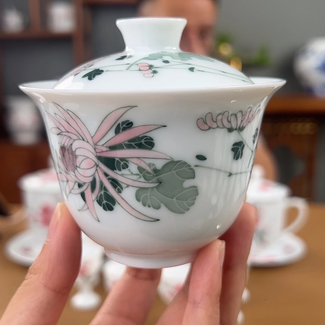 小***彻滑石子 菊花两才盖碗