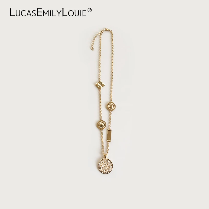 铜合金项链 LUCASEMILYLOUIE 66cm编织纹圆牌拼浮雕项链250021