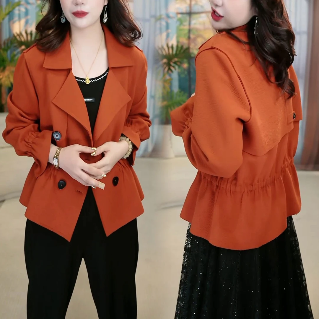 秋季新款翻领显白气质纯色长袖外套纽扣装饰捏褶大码宽松气质外套