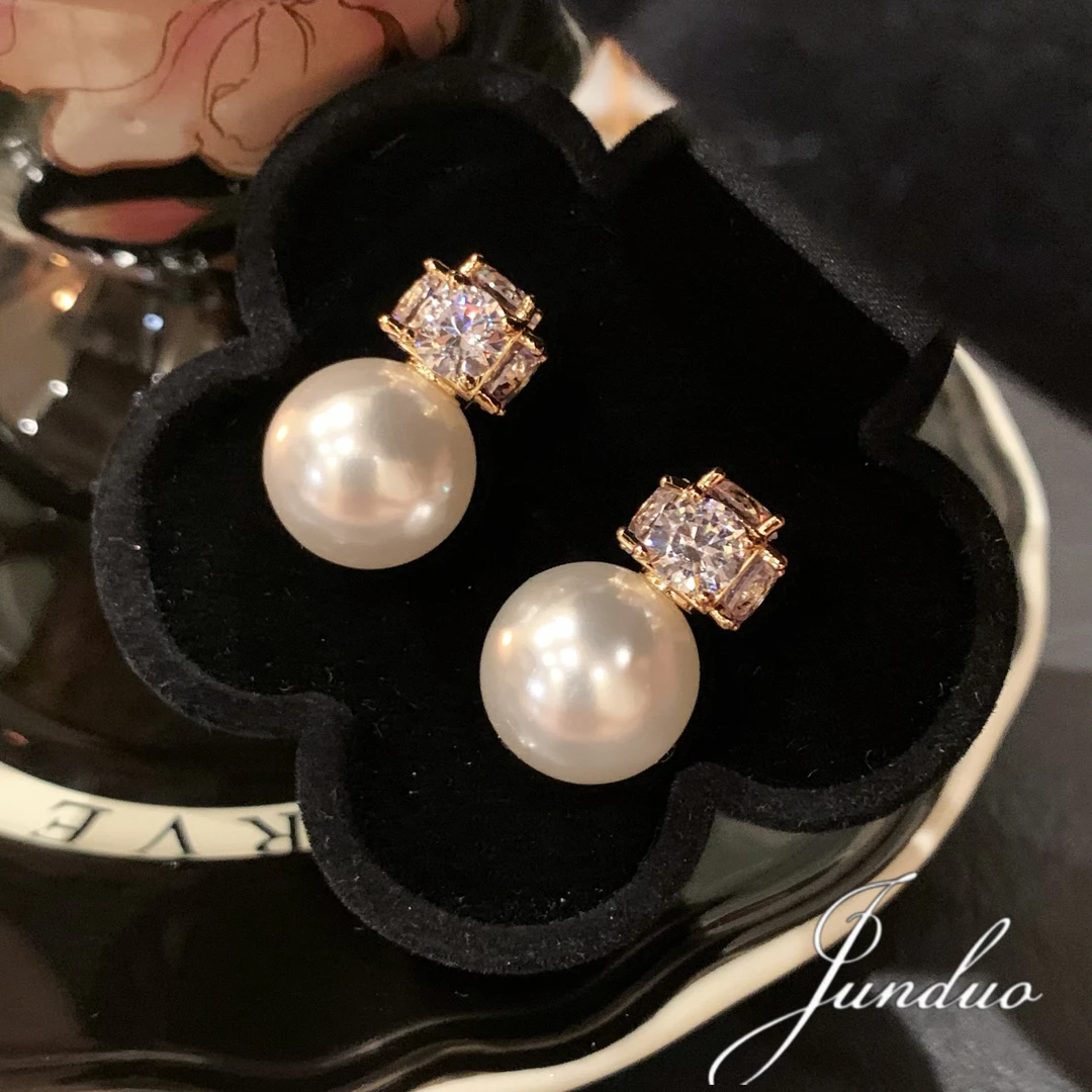 君朵 铜合金合成锆石耳饰 时尚精致几何珠珠耳钉小众设计耳环耳饰