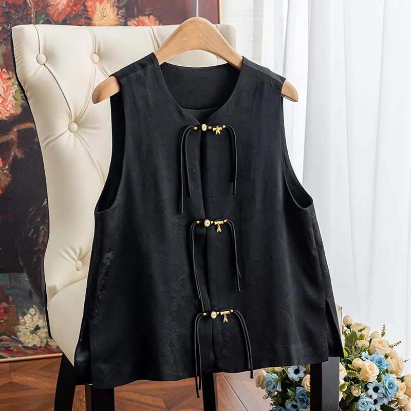 新中式老钱风黑色醋酸提花马甲女2025春季宽松金属竹节玉石扣背心