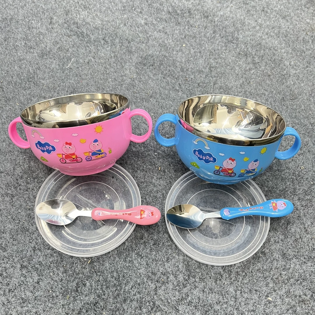 儿童304卡通隔热碗婴儿吃饭碗宝宝餐具辅食碗不锈钢防烫碗勺套装