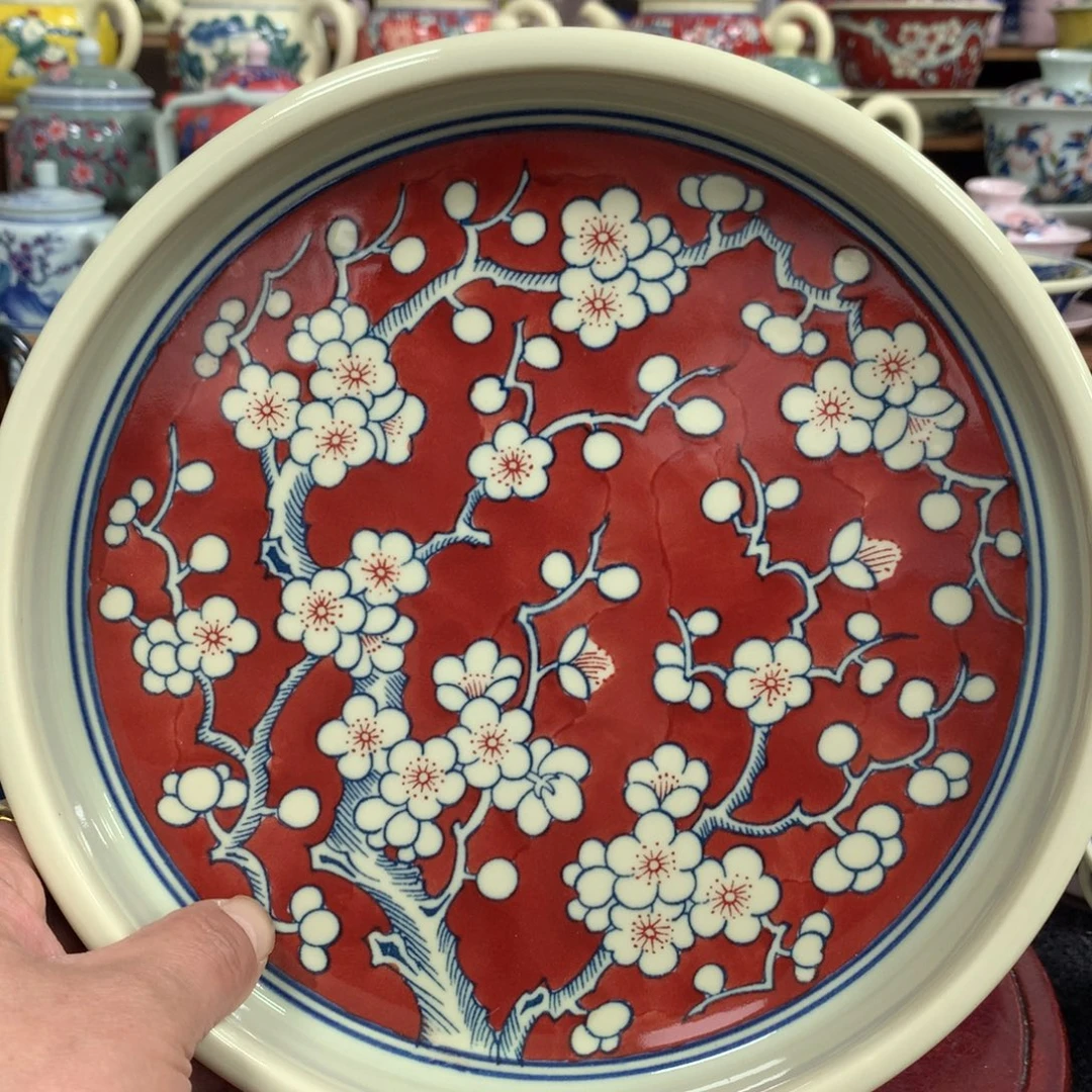 其他陶黄稀土红地梅花纹小碟 柴窑手绘 直径13.5cm ¥70