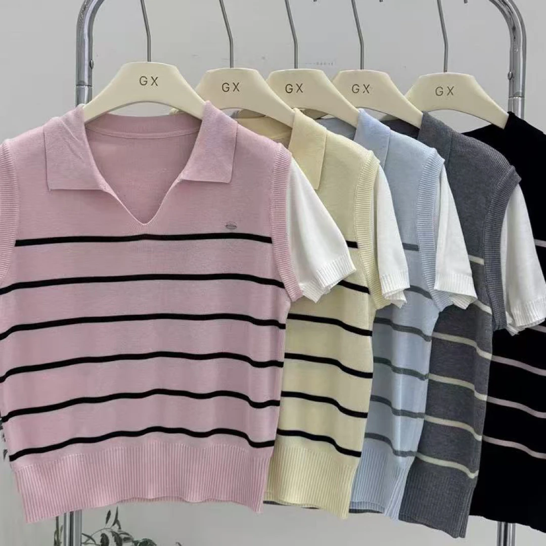 三七假两件条纹冰丝针织短袖