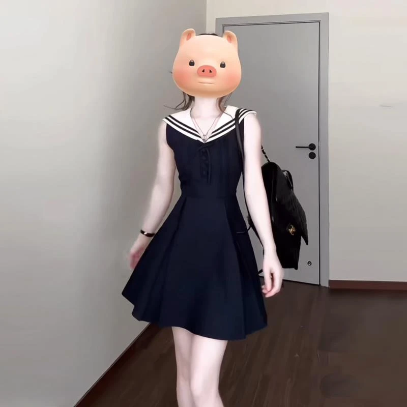 海军领学院风减龄无袖背心连衣裙女夏季独特漂亮掐腰修身显瘦裙子