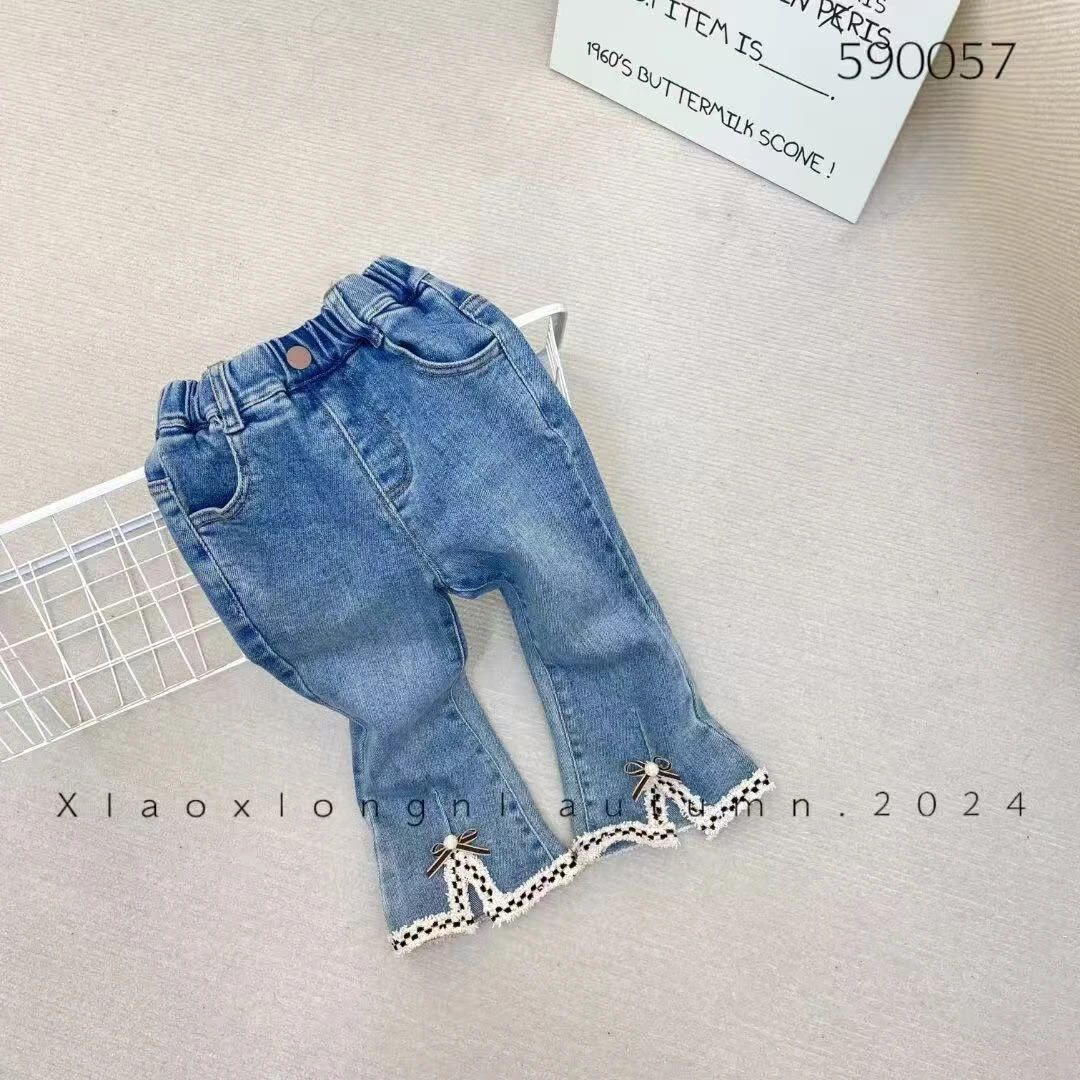 小熊妮女童春秋牛仔裤微喇开叉裤子 590057 蓝色