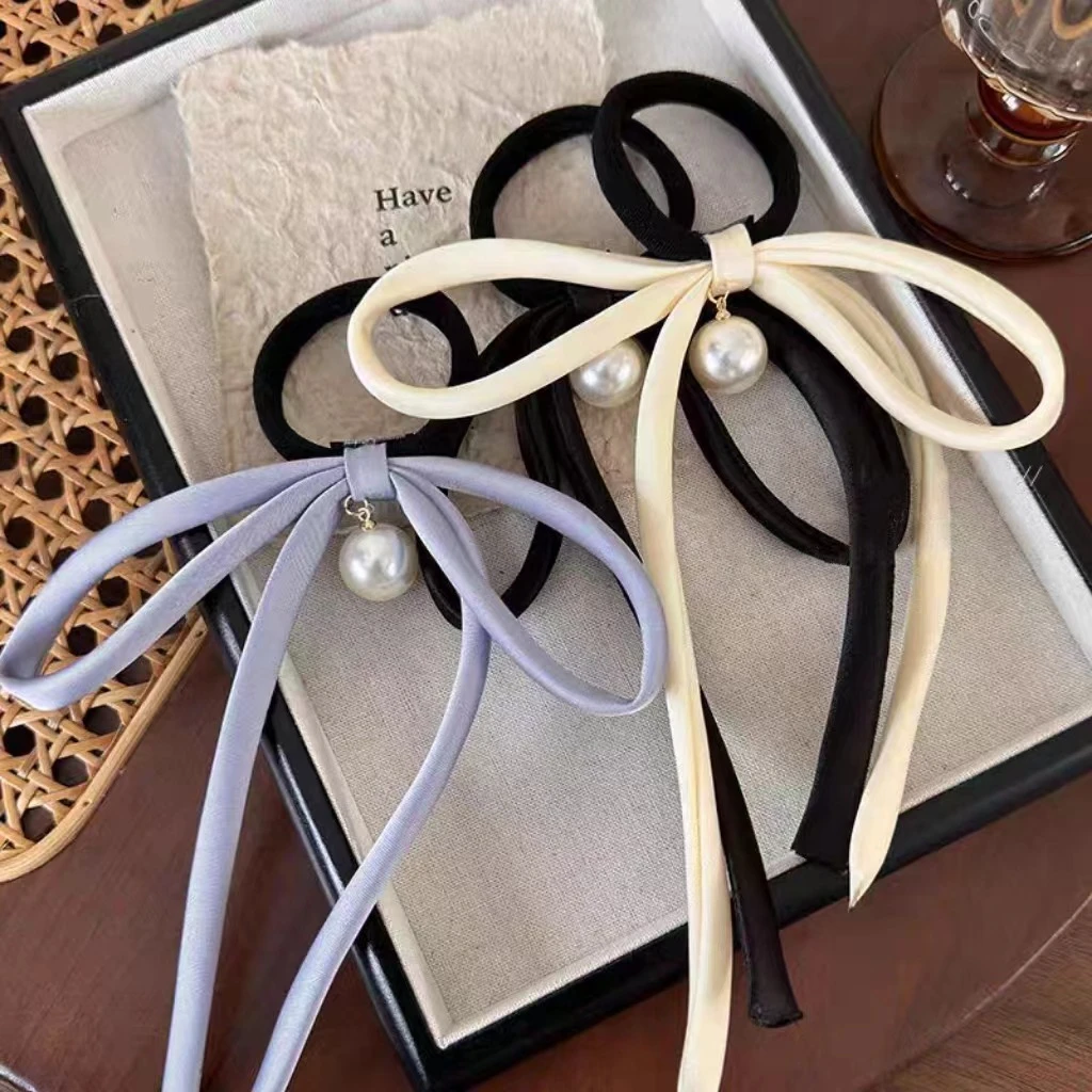 韩版韩式简约风蝴蝶结珍珠细带发绳发饰后脑勺扎发甜美皮筋头绳女