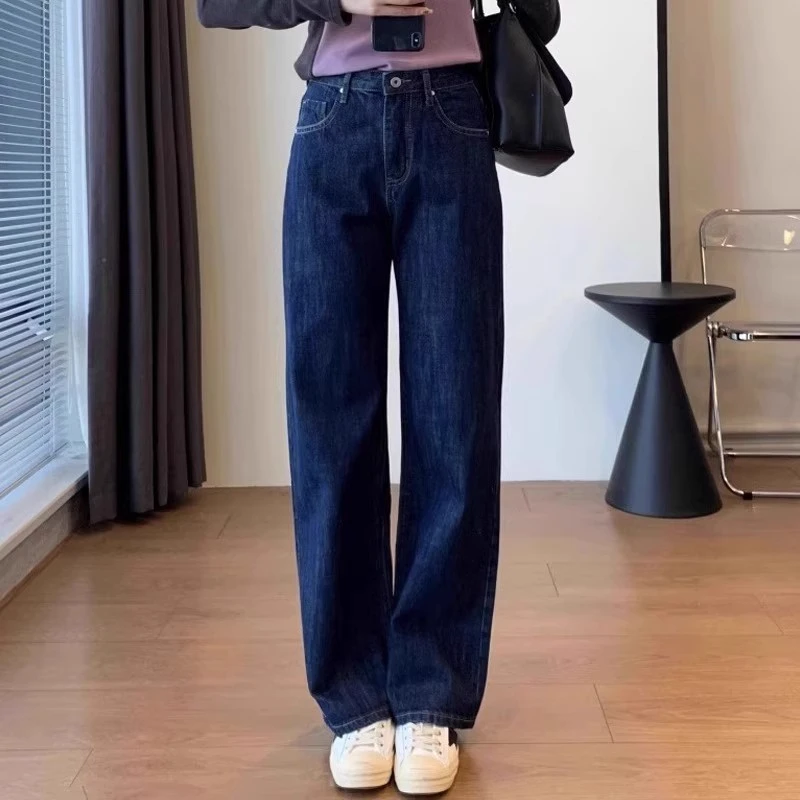 清仓#秋季宽松显瘦水洗直筒高腰显腿长百搭简约设计长款牛仔裤