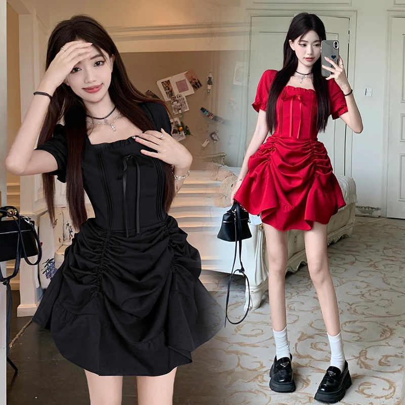 法式纯欲红色方领纯色长裙气质感收腰显瘦大码胖mm短袖连衣裙