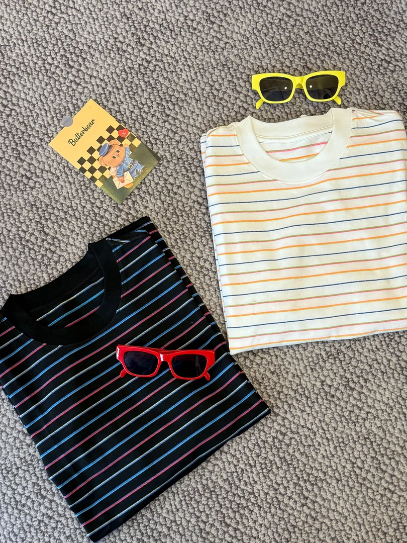 VThree夏季新款潮牌编织条纹t恤百搭时尚休闲重磅