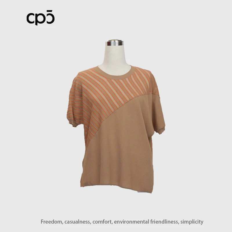 CP5长绒棉休闲条纹宽松拼接圆领夏季提花针织上衣DRS109