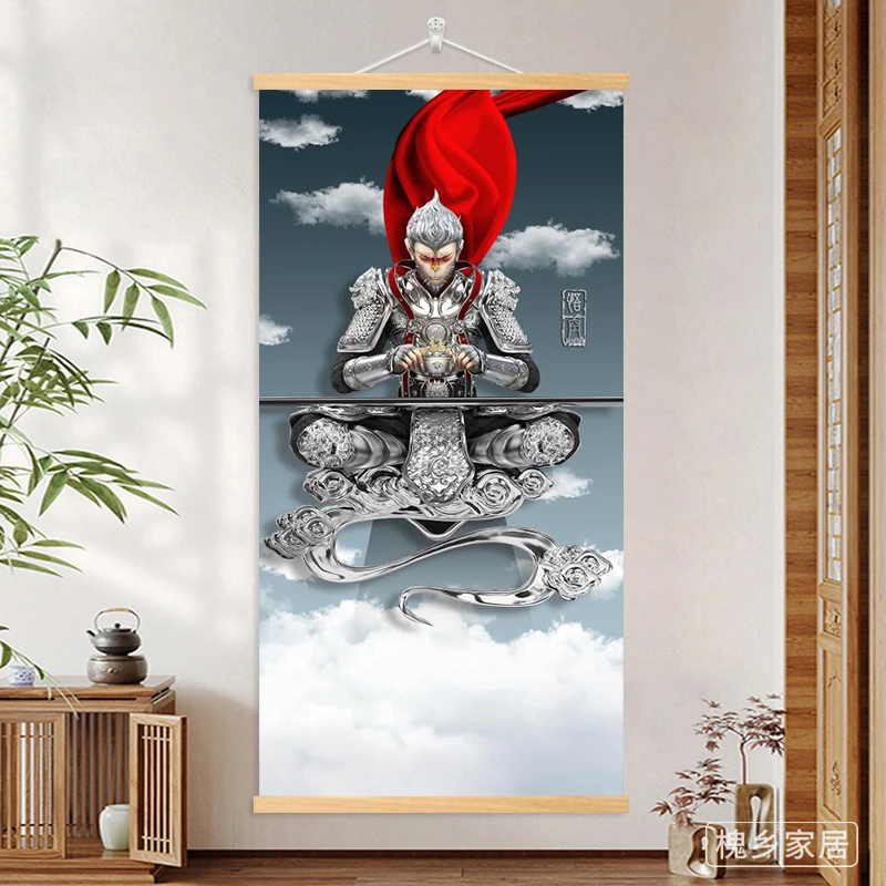 齐天大圣孙悟空玄关装饰画现代简约过道实木挂轴画斗战胜佛客厅画