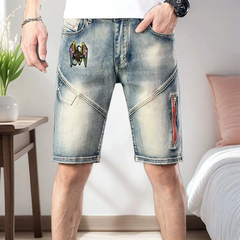 高端牛仔短裤男士夏季2025新拼接复古时尚百搭弹力休闲五分裤中裤