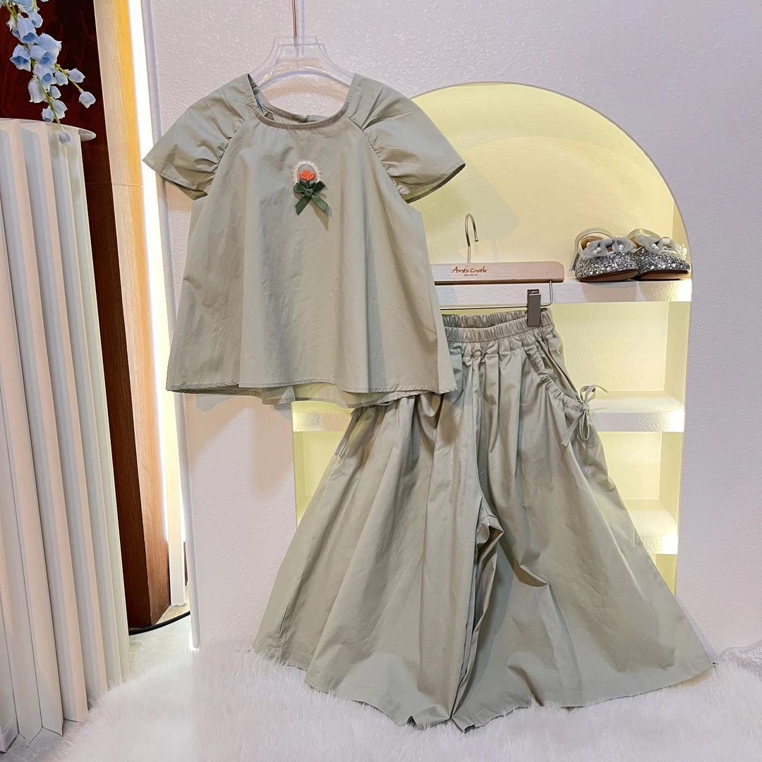 2025春夏女童韩版短袖上衣宽松阔腿九分裤套装洋气显白潮