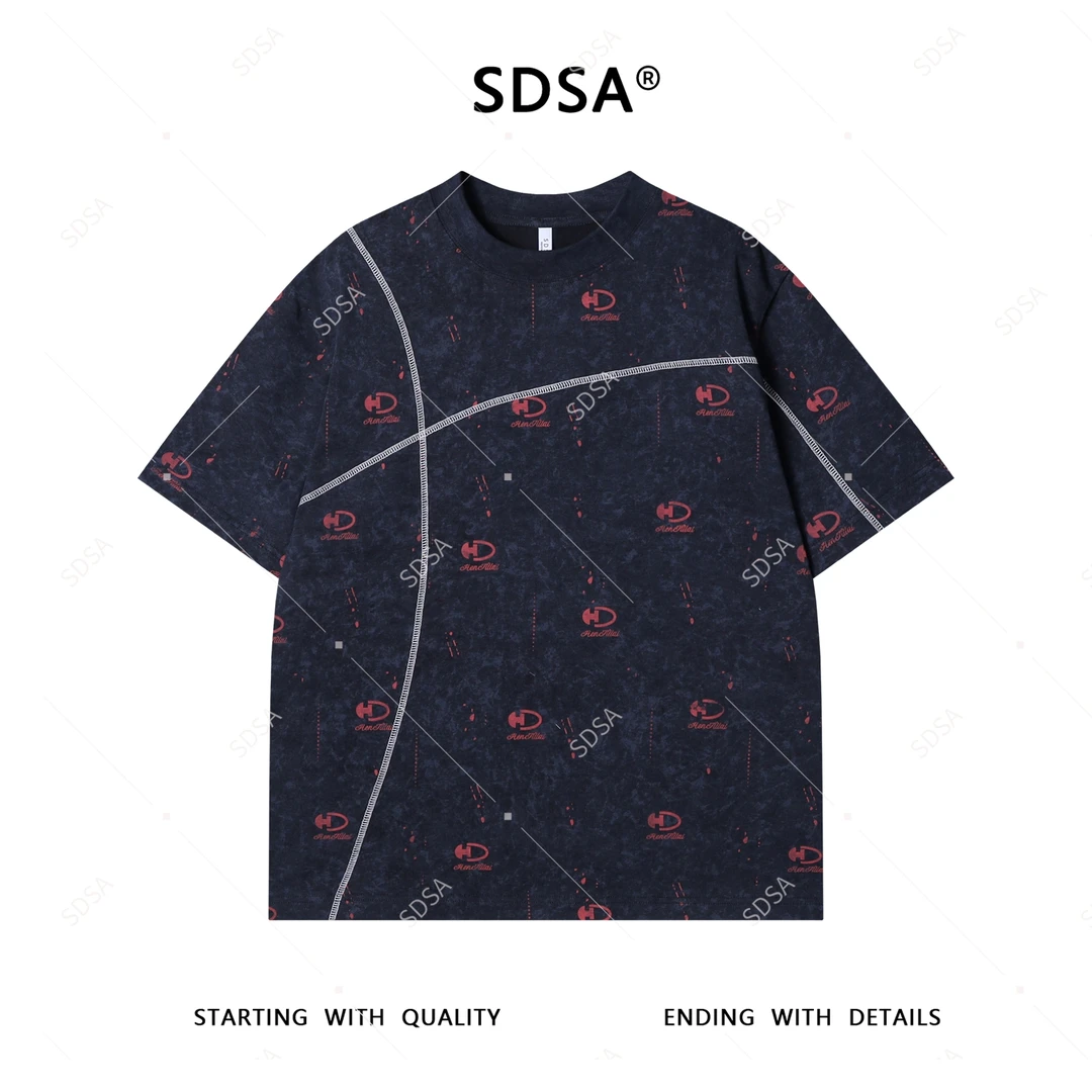 SDSA夏季高级感新款男士美式扎染缝线撞色印花短袖T恤圆领上衣潮