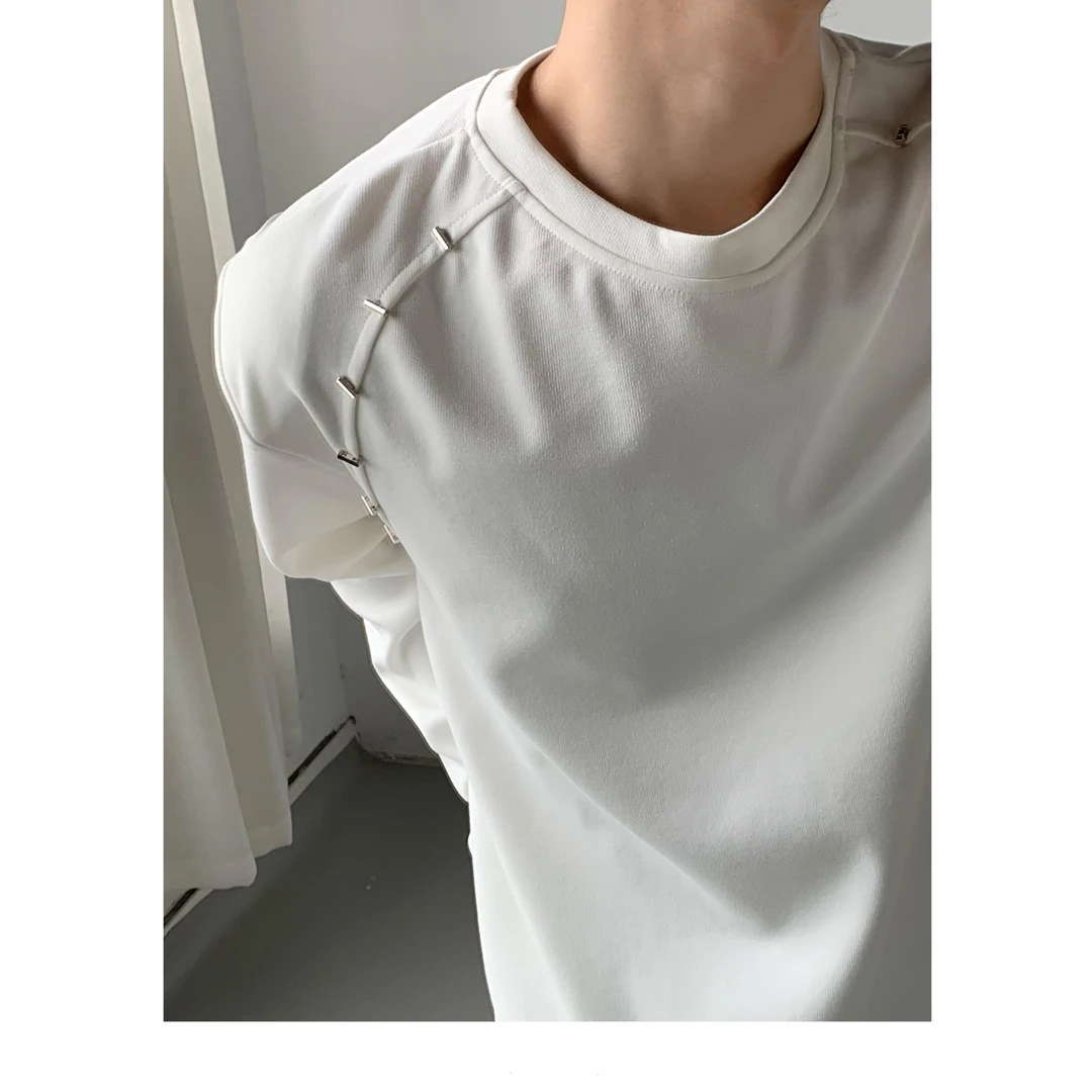 韩版重磅垫肩长袖T恤金属设计感圆领百搭卫衣潮流打底衫小众男女