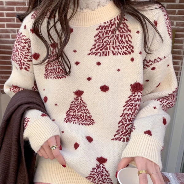韩版宽松显瘦圆领超火秋冬长袖雪花圣诞新年毛衣女保暖外穿针织衫