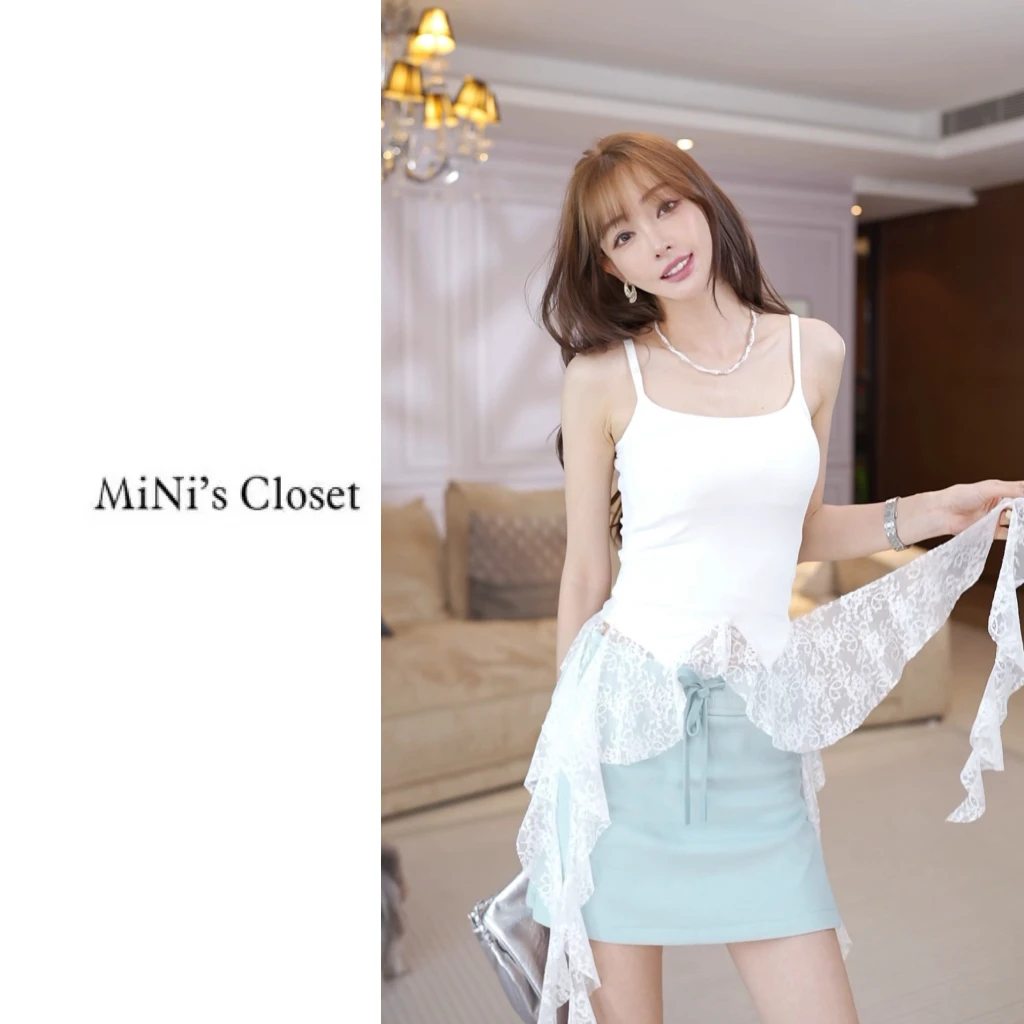 【MiNi推荐】超仙蕾丝飘带拼接吊带背心女辣妹修身显瘦上衣夏JE1080