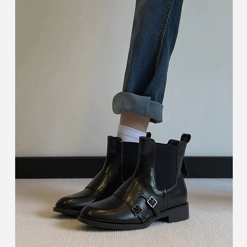羊皮版~复古粗跟弹力短靴女英伦风百搭切尔西靴针织烟筒靴马丁靴