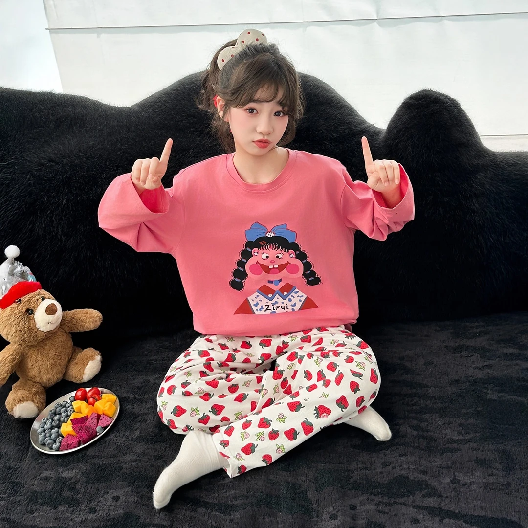 儿童长袖印花睡衣2025新款初中生春秋卡通纯棉家居服女童居家套装
