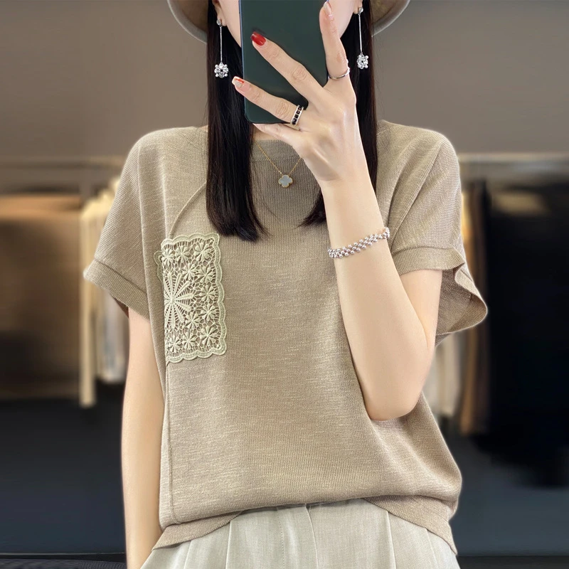 新款上衣2023针织衫设计感小众薄款女t恤夏季短款外搭竹节棉短袖