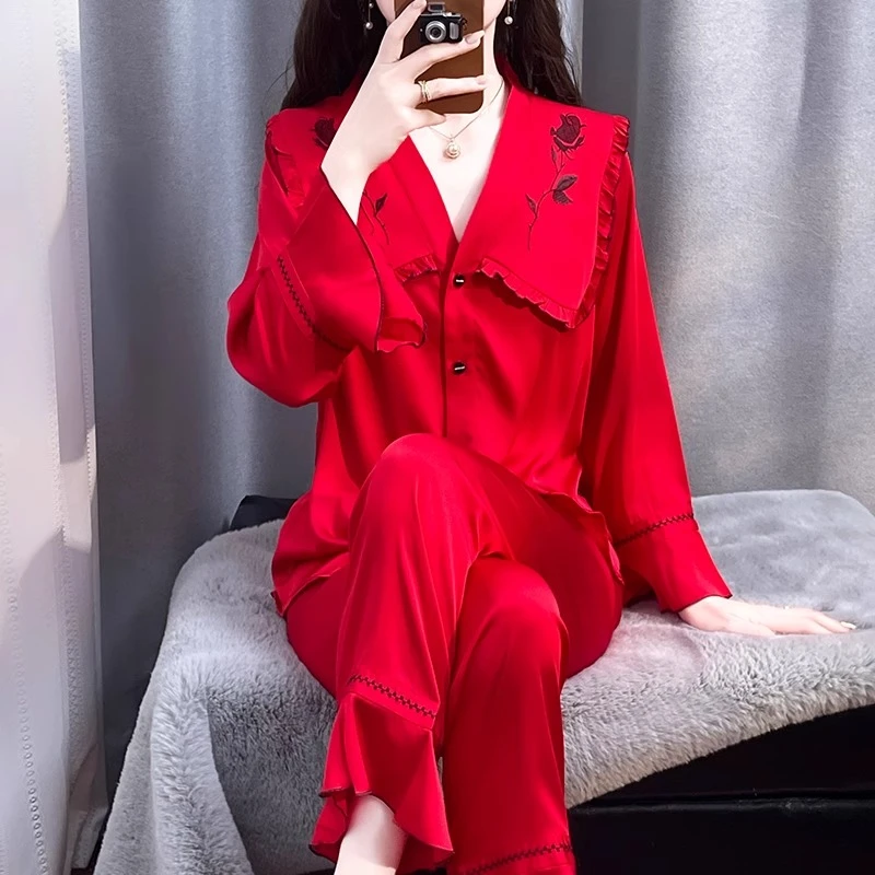 tpvl2025新款红色本命年睡衣女春秋长袖套装家居服娃娃领高档薄款