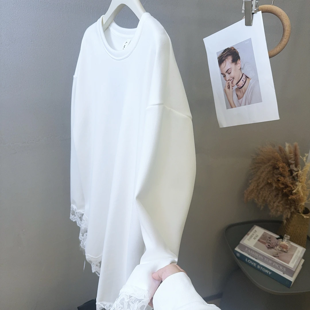 琳心丨秋冬新款白色圆领拼接蕾丝花边百搭打底衫 1380