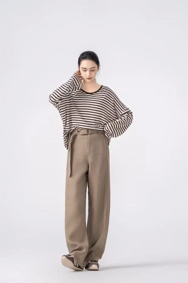 【就很帅】日韩休闲中等无弹卡其色长裤高腰显瘦宽松百搭牛仔裤