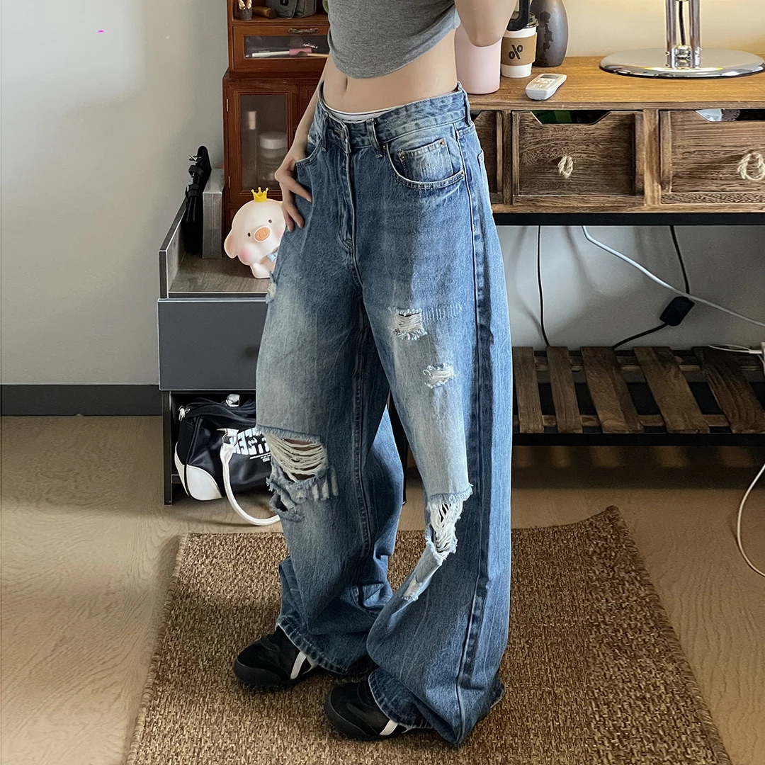 【免费试穿】美式水洗破洞阔腿牛仔裤女夏季高腰显瘦梧桐拖地裤