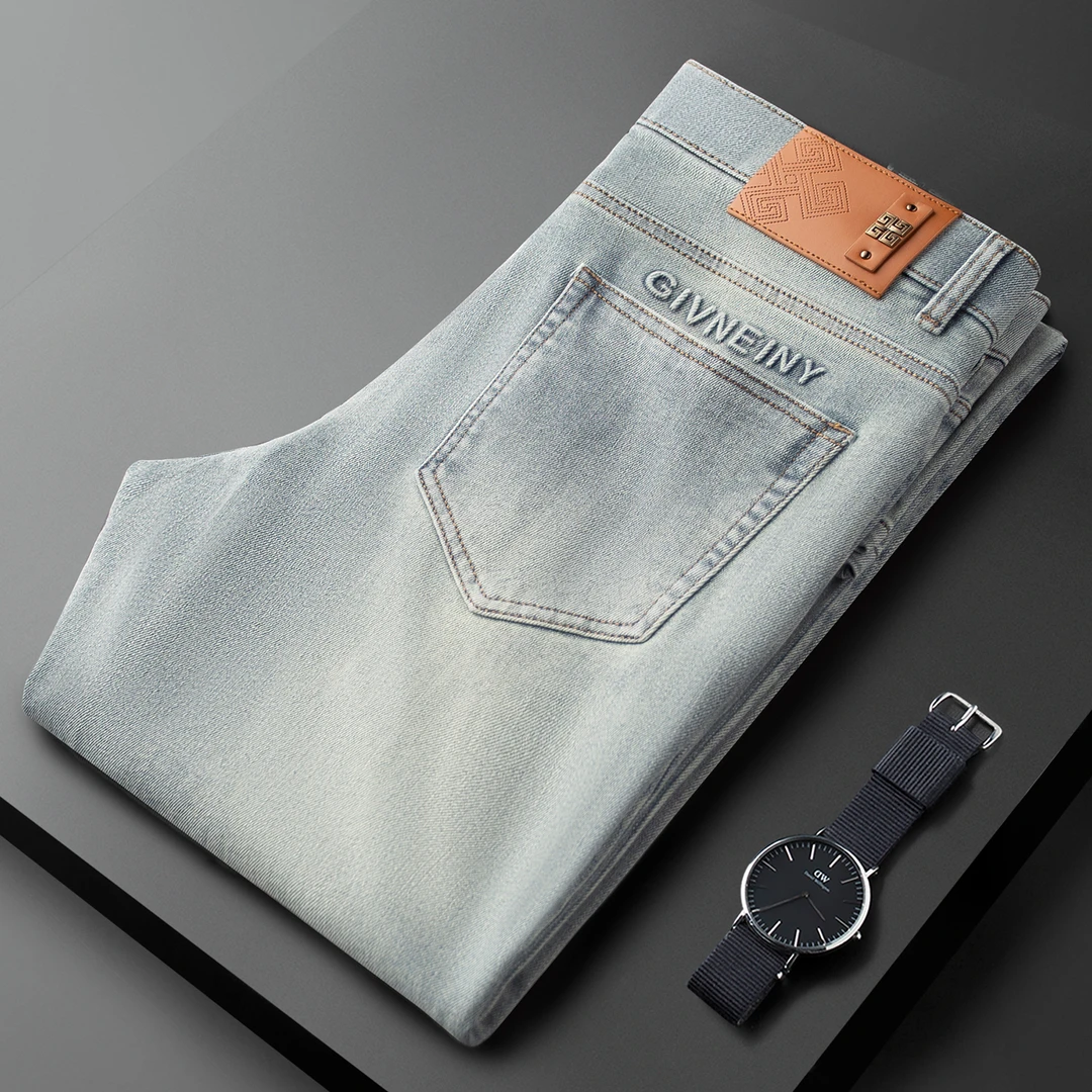 冬季厚款保暖抗皱耐磨洗水灰色牛仔裤男修身高端欧货直筒休闲裤男