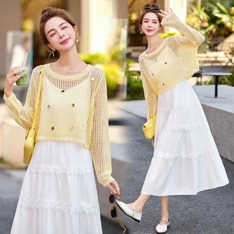 法式小清新镂空罩衫套装女2025早秋新款蕾丝花边拼接吊带裙两件套