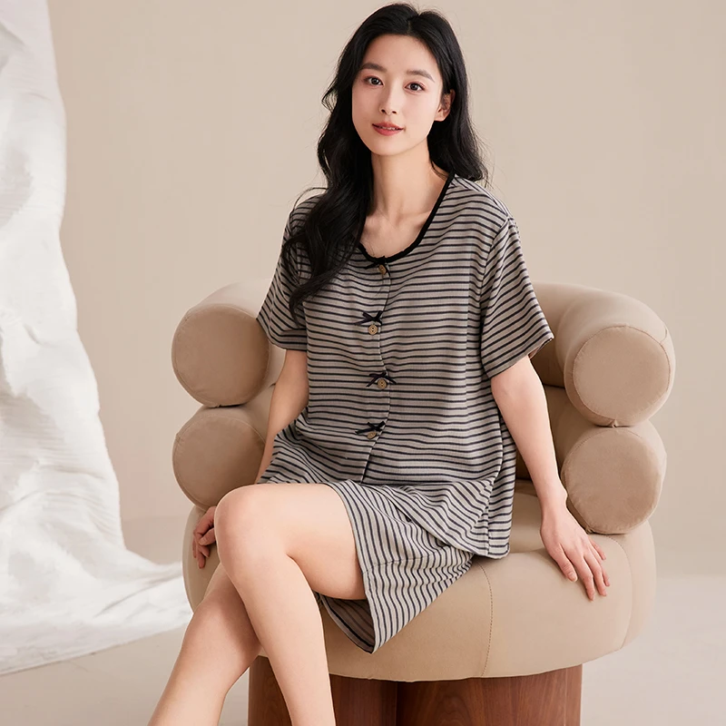 莉莉家睡衣新款云感棉短袖女家居服淡灰色条纹衬衫宽松大码春夏