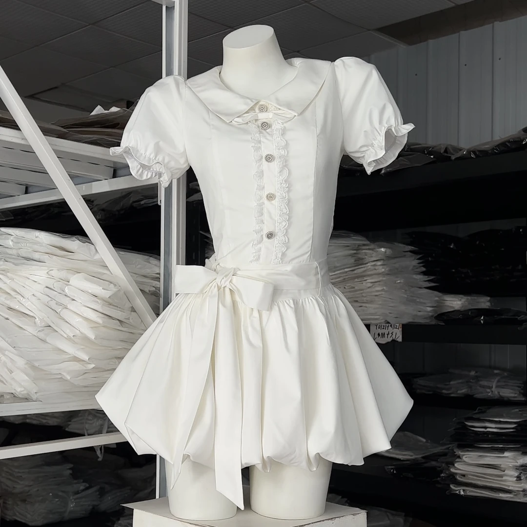 iqcq气球熊甜美衬衫短袖白色连衣裙夏季新款设计感收腰花苞短裙女