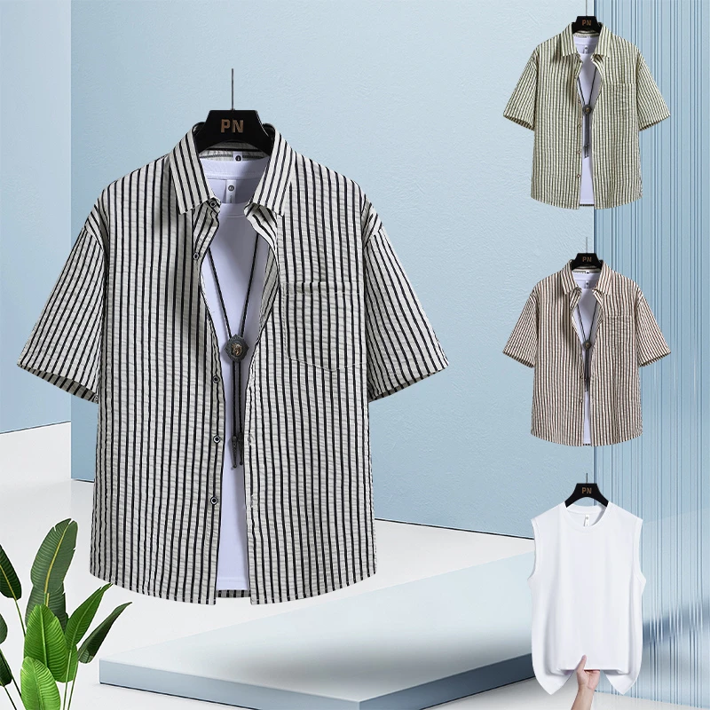 夏季条纹男士短袖衬衫男学生潮流休闲免烫宽松大码青年装时尚百搭
