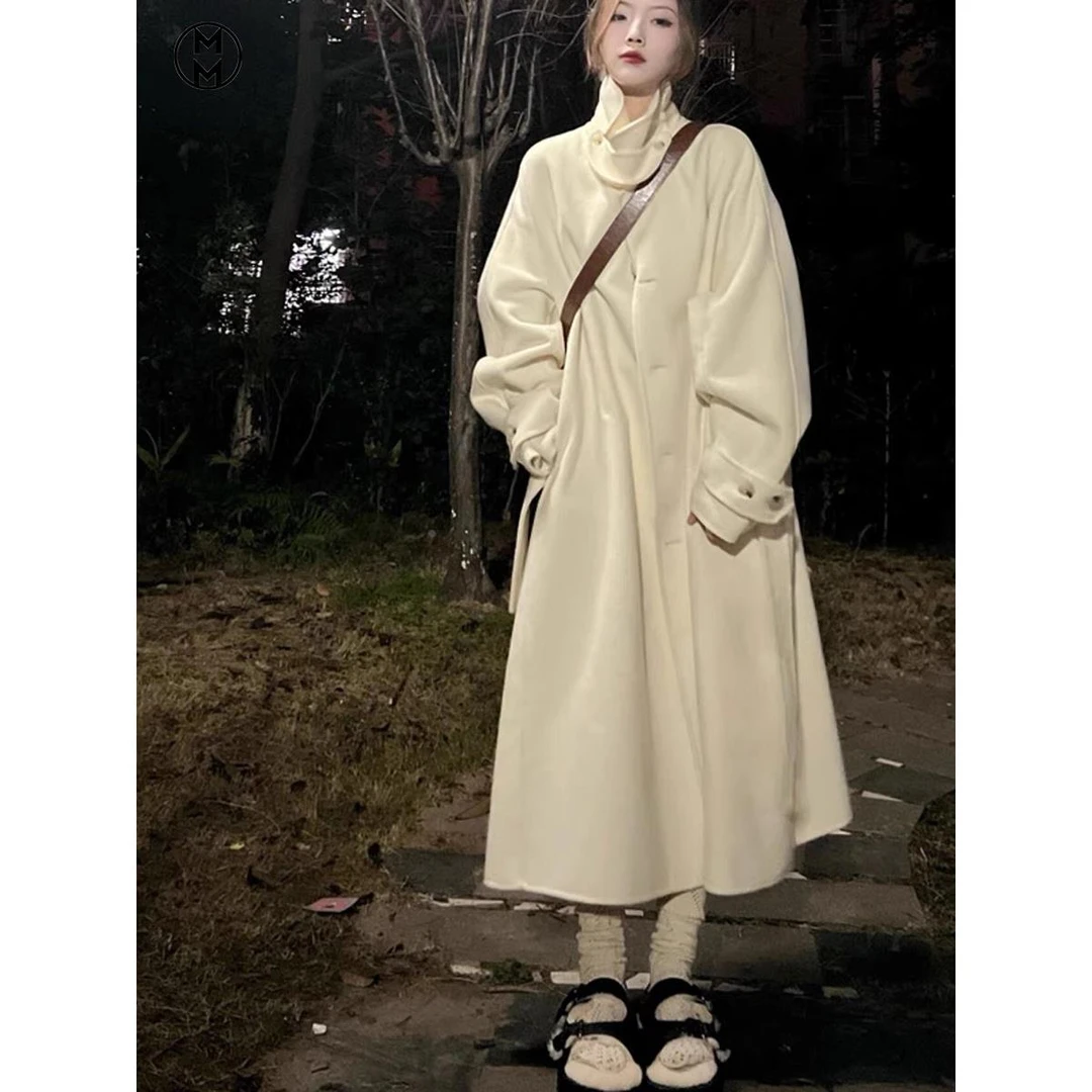 MM白色双面羊绒大衣女赫本风高级感2025秋冬新款休闲加厚羊毛呢外