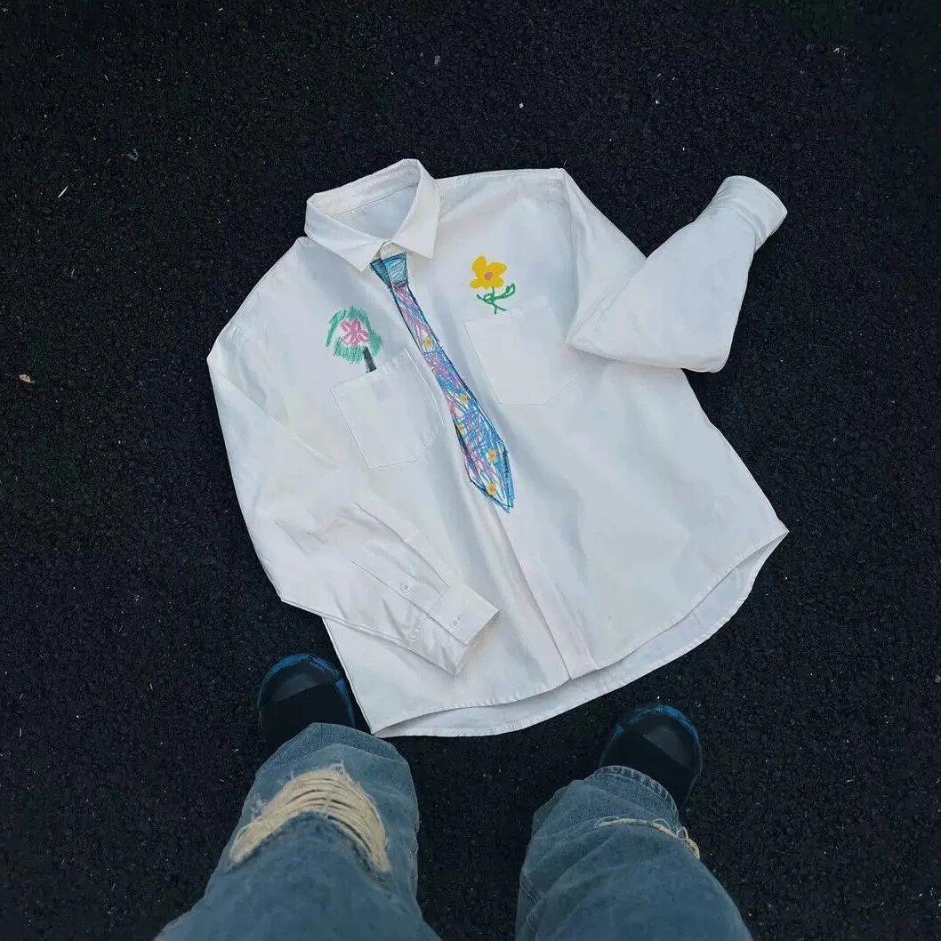 “追梦”eeee创意设计感蜡笔手绘领带衬衫趣味学院风涂鸦衬衣外套春