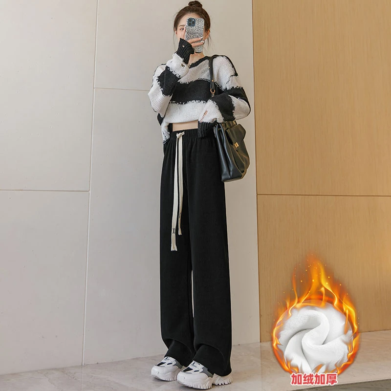 窄版阔腿裤女2025新款秋冬季加绒白色垂感休闲小个子灯芯绒直筒裤