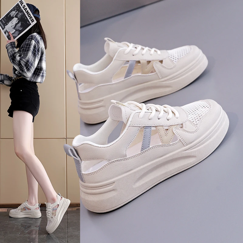 新款透气休闲鞋女2025夏季增高镂空板鞋透气鞋潮流小白鞋子HB702
