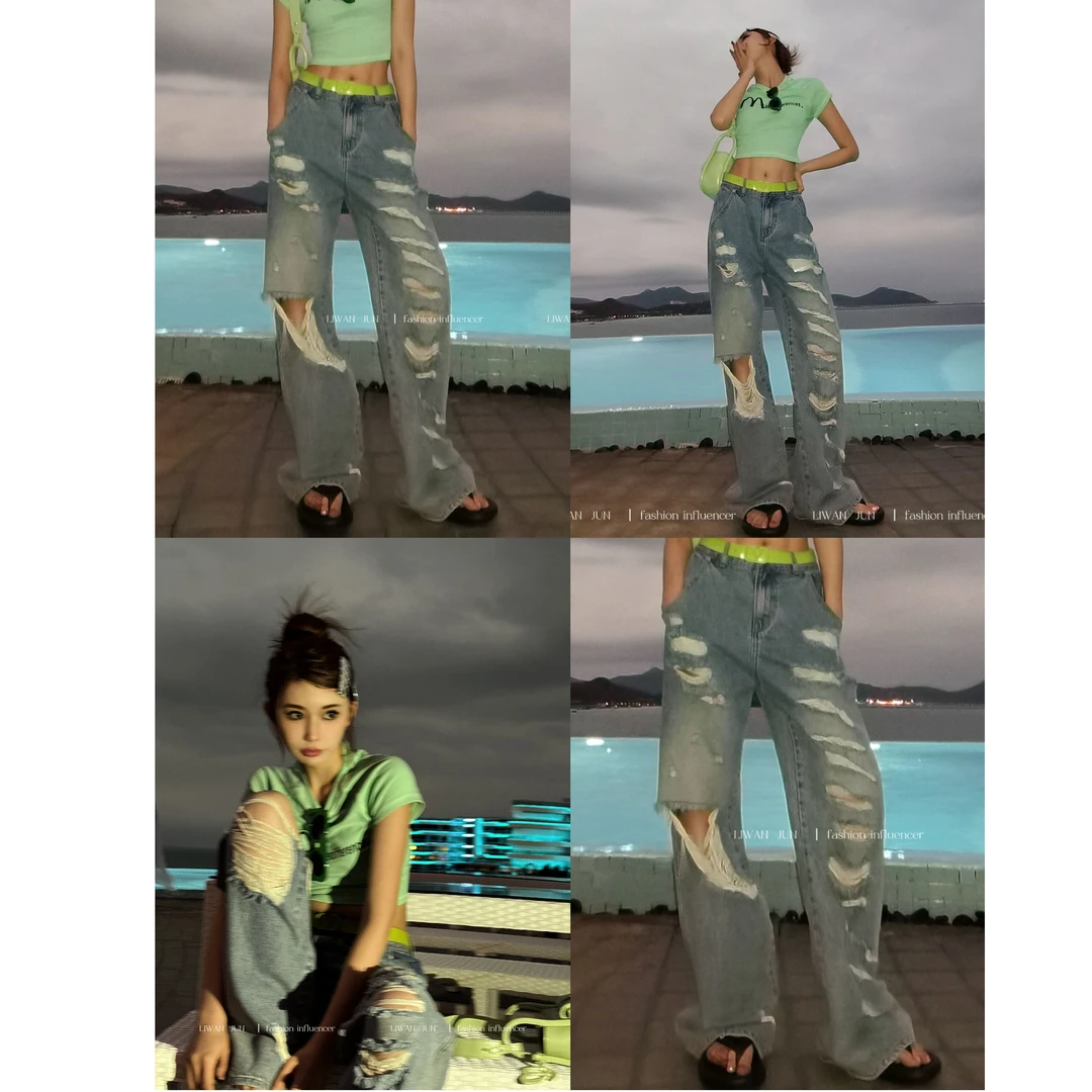 小鱼【高街小调】复古高街破洞牛仔裤新款ins宽松阔腿裤LWJ23A1K115