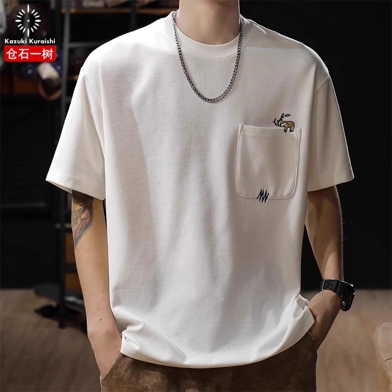 仓石一树潮流刺绣口袋短袖T恤男夏季2025新款ins宽松休闲半袖上衣