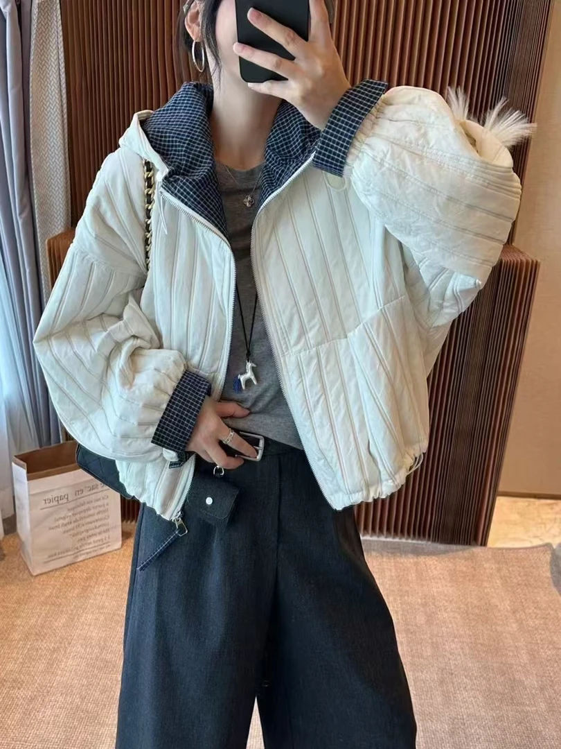 欧货撞色薄款连帽棉衣短外套女2025秋季新款宽松休闲棉服夹克上衣